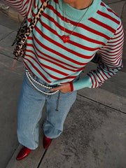 Ingvn - Women Striped Knit Sweater Mint Green Red Crew Neck Long Sleeve Contrast Trim Casual Pullover Jumper Top