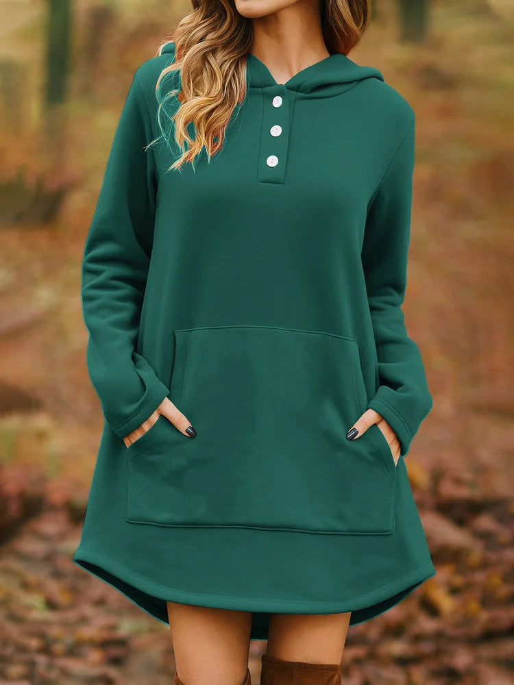 Ingvn - European American Autumn Winter New Style Women Casual Loose Fashion Solid Color Long Sleeve Pocket Pullover Hooded Sweatshirt