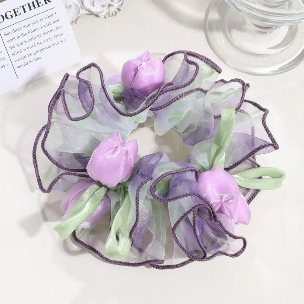 Ingvn  Sweet Cute Floral Mesh Scrunchie Sweet Dot Mesh Ruffled Sheer Tulle Flower Hair Rope French Romantic Large Hair Ties