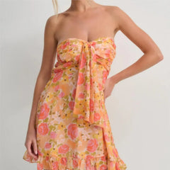 Ingvn  Floral Print Strapless Mini Chiffon Dress Women Ruffles Hem Party Irregular Frilled Elastic Bandage Backless Holiday Dress