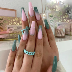 Ingvn  24Pcs Simple Blue French Fake Nails with Diamond Love Pattern Design False Nails Press on Mid-length Ballet Full Cover Nail Tips