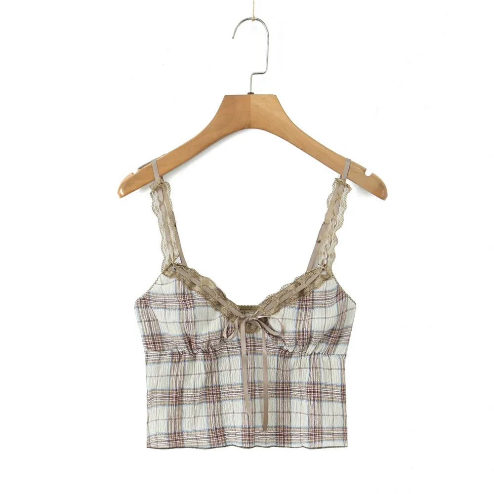 Ingvn  Summer Sexy Plaid Spliced Lace Bow V neck Camis Women Elastic Chest Line Crop Top Camisoles Bra Tank Vest