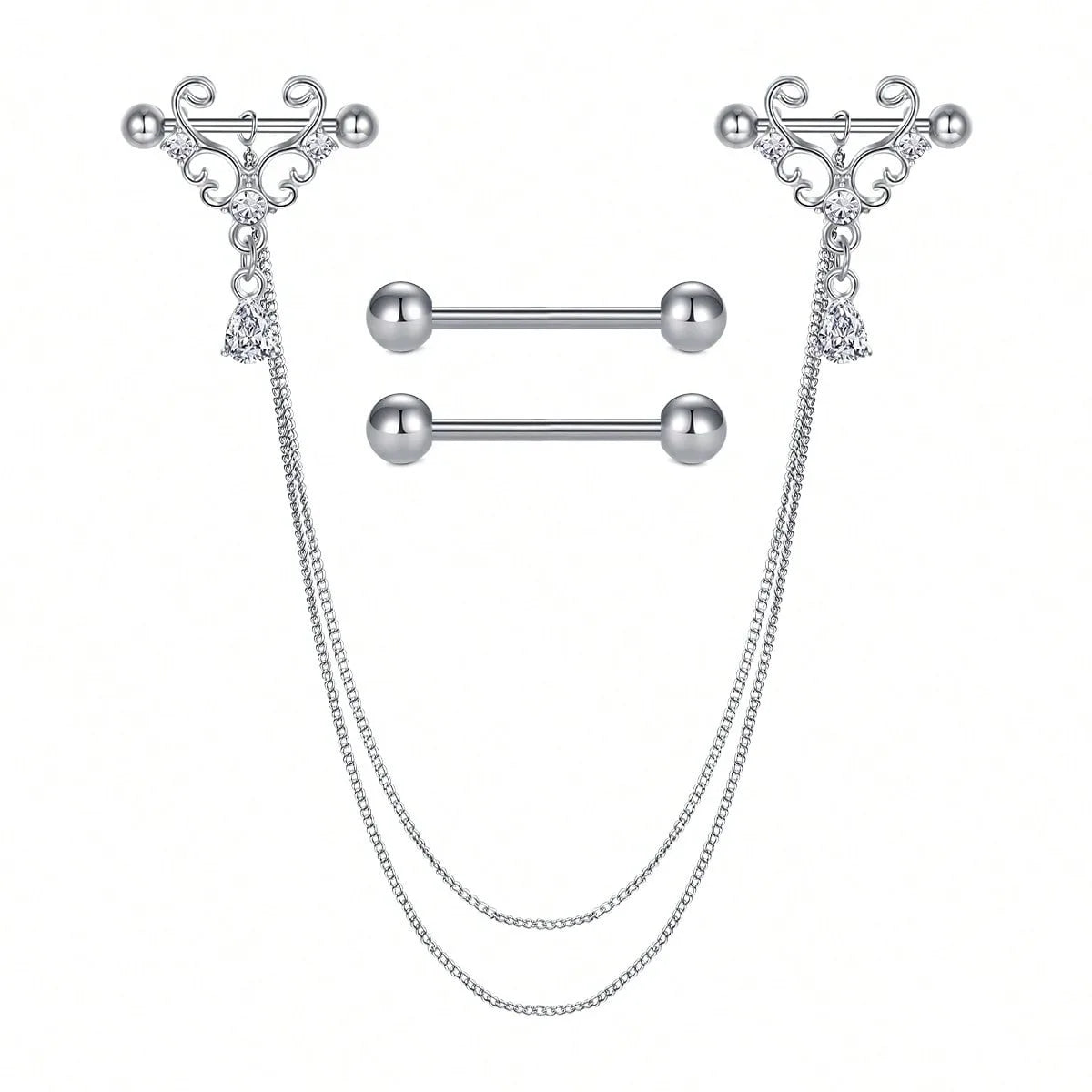 Ingvn  2Pairs Stainless Steel Nipple Rings, 14G Straight Barbell Dangle CZ Nipple Rings For Women Body Piercing Jewelry, Daily Wear