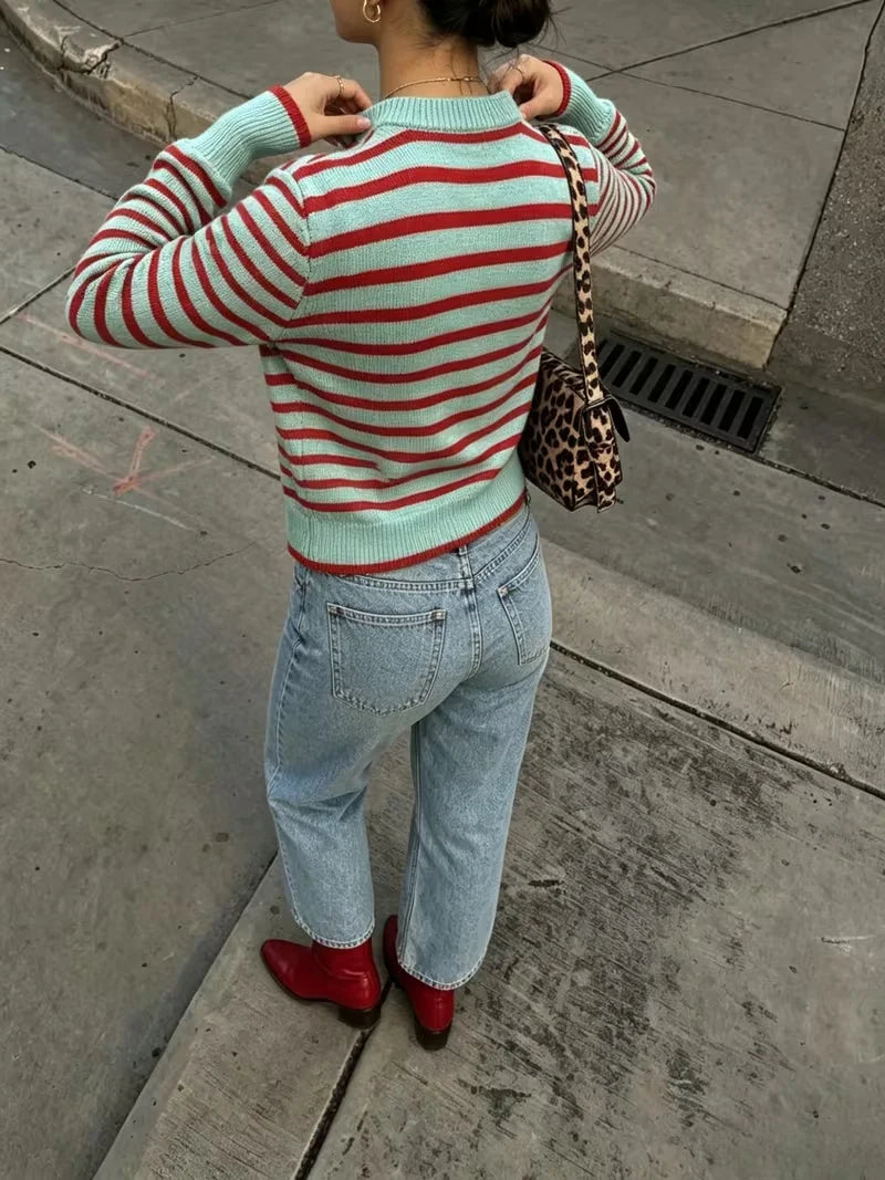 Ingvn - Women Striped Knit Sweater Mint Green Red Crew Neck Long Sleeve Contrast Trim Casual Pullover Jumper Top