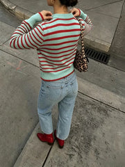 Ingvn - Women Striped Knit Sweater Mint Green Red Crew Neck Long Sleeve Contrast Trim Casual Pullover Jumper Top