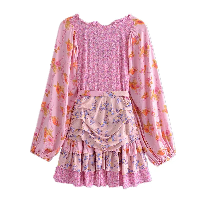 Ingvn  Holiday Contrast Color Floral Print Lantern Sleeve Mini Dress Bow Sashes Ruched Pleated Waist Ruffles Hem Women Dresses Robe