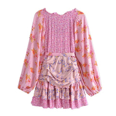 Ingvn  Holiday Contrast Color Floral Print Lantern Sleeve Mini Dress Bow Sashes Ruched Pleated Waist Ruffles Hem Women Dresses Robe