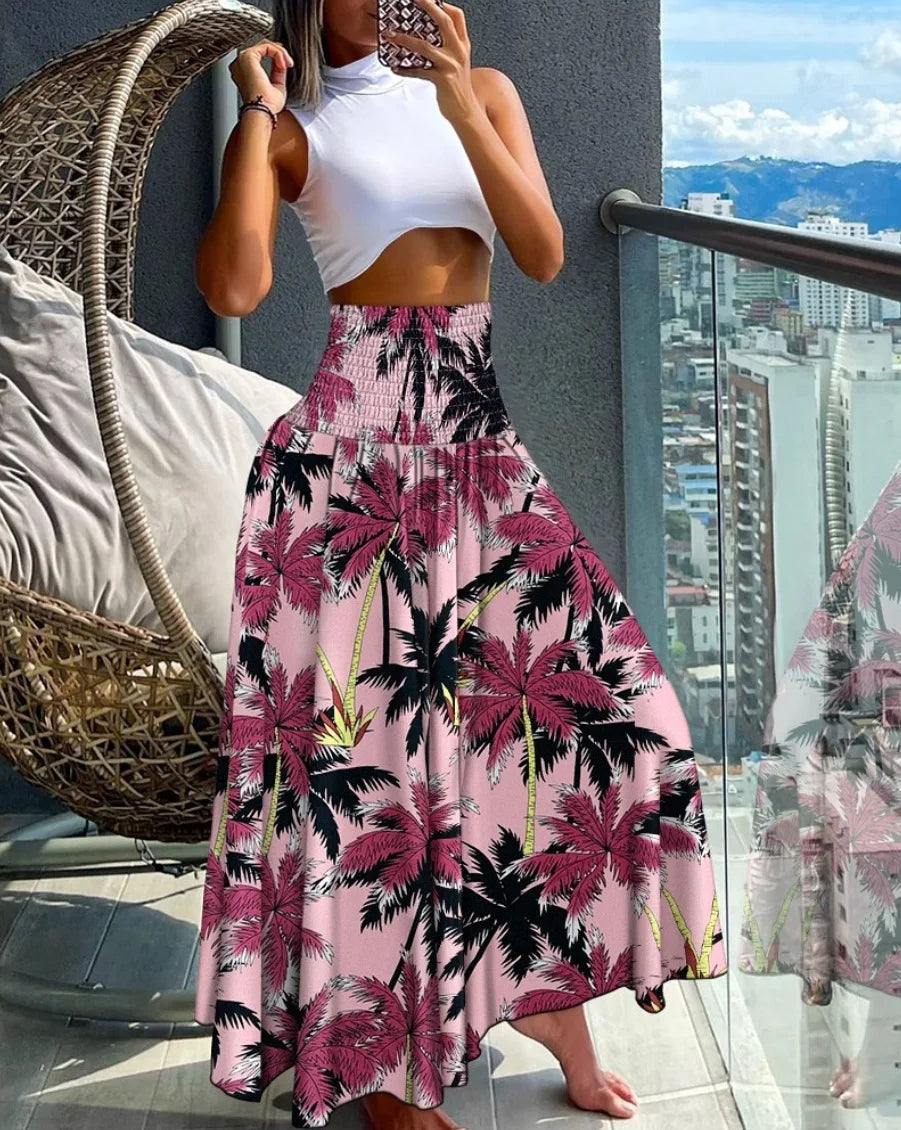 Ingvn  Fashion Cotton Women Floral Print Skirt Side Tie Beach Skirts Summer High Waist Wrap Flower Long Skirt