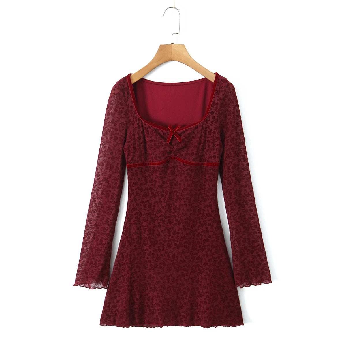 Ingvn  Sexy Wine red Flocking Flower Mesh Flare Sleeve Dress Woman Bow Square neck Package Hips A-line Mini Party Robe Bodycon