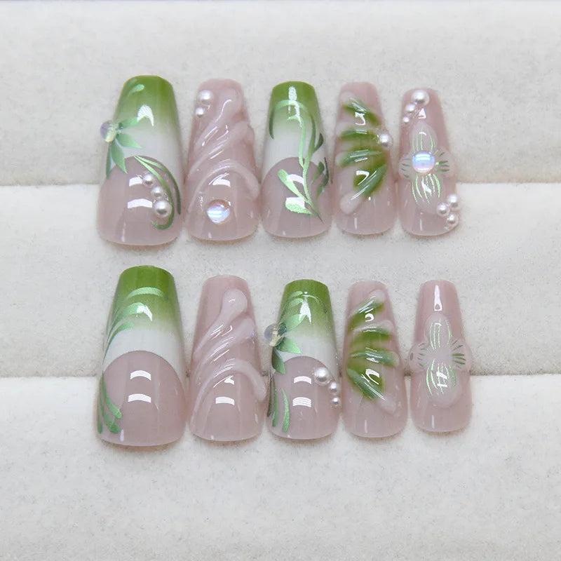 Ingvn  24pcs Press on Nails with Design Green 3d Gradient French False Nails with Charms Fashion Nail Tips Removable Sticky Nails