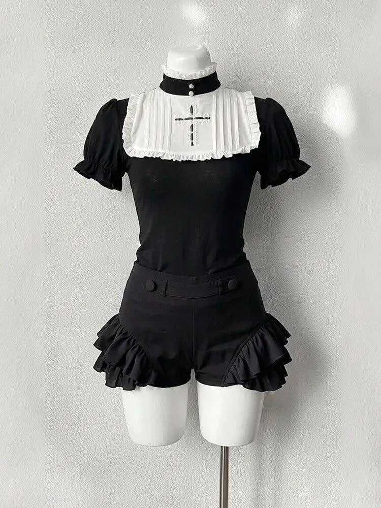 Ingvn  Gothic Vintage Two Piece Suit Women Japanese Lolita Slim Tops High Waist Black Shorts Y2K Girls Party Set chic