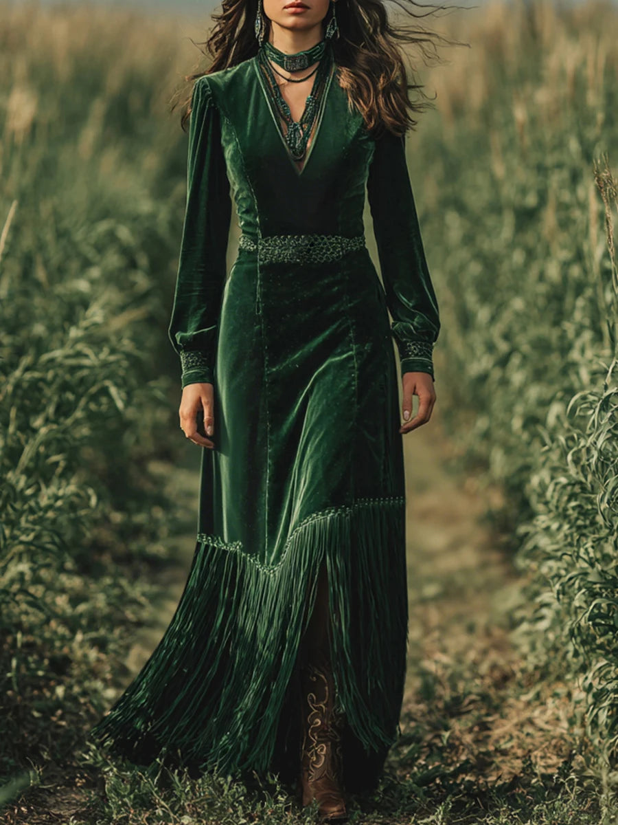 Ingvn  Elegant Women Velvet Dress Fringe Hem Sexy V Neck Long Sleeve Boho High Waist Long Sleeves A-Line Evening Party Maxi Dress