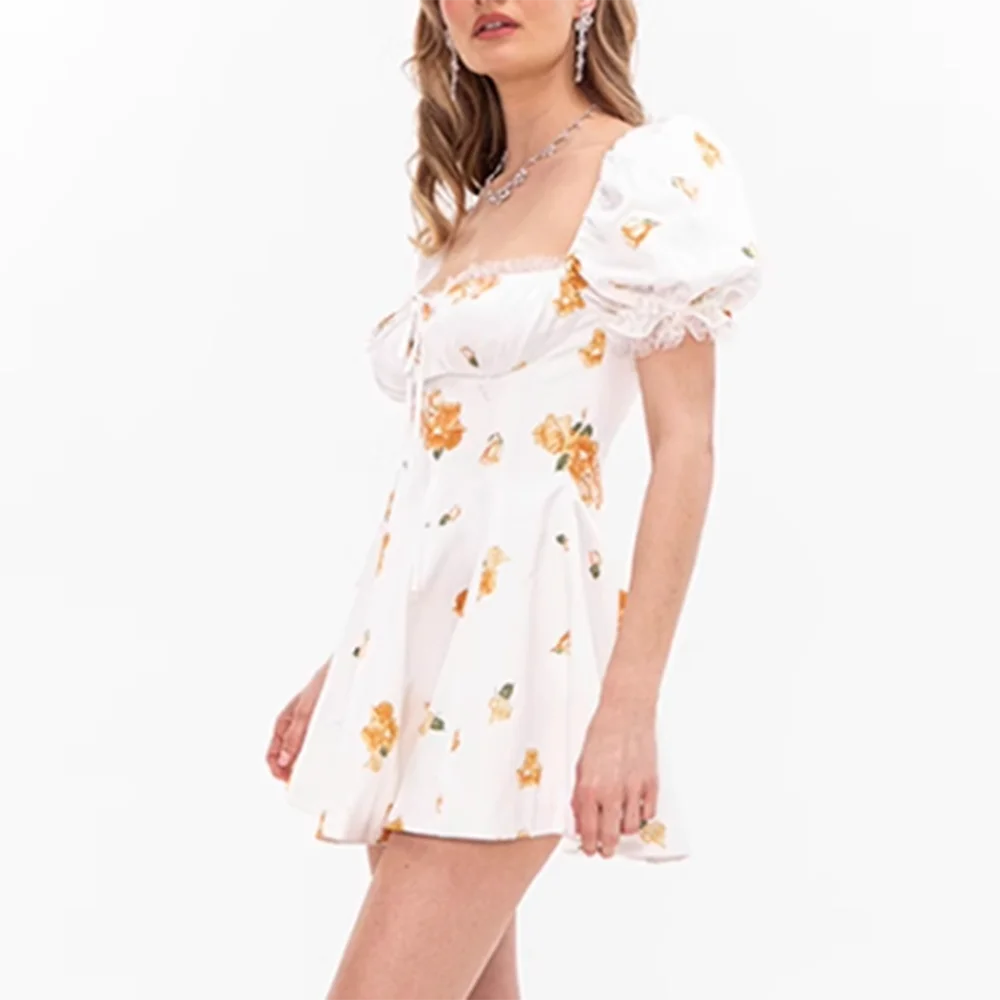Ingvn  Hit Color Printing Slimming Mini Dresses for Women Square Neck Short Leeve High Waist Temperament Dress Female