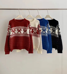 Ingvn - Autumn and Winter Fashion New Women's Elegant Knitted Printed Retro Jacquard Hoodie Round Neck Thickened Warm Sweater