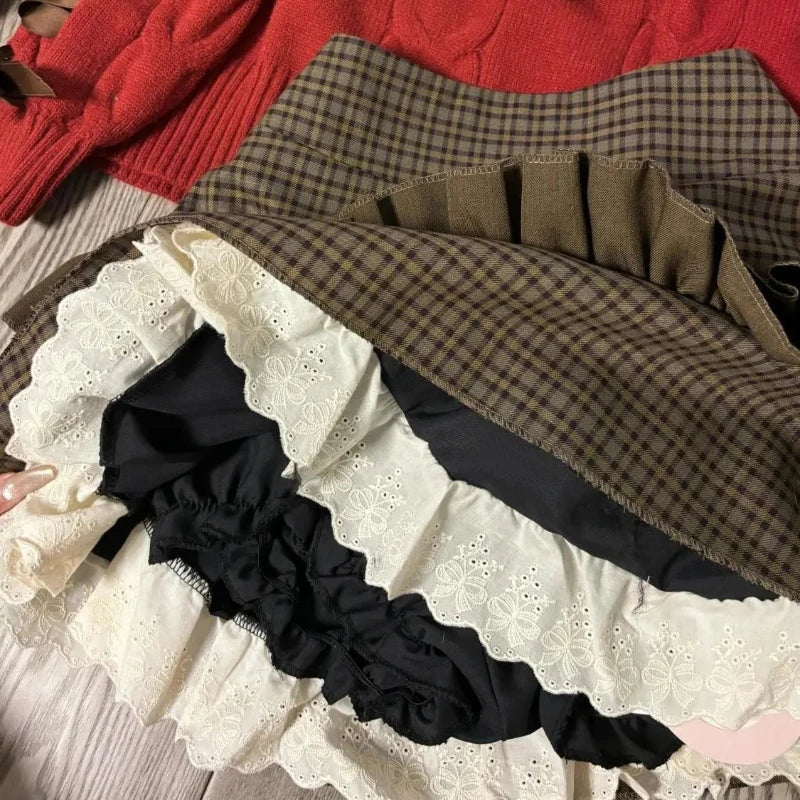 Ingvn  Brown Women Plaid Skirts Vintage Lace Patchwork Cute Fashion High Waist Layered Skirt Kawaii Lolita Sweet Mini Skirts