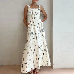 Ingvn  Spring Women's Clothing Sleeveless Tie Waist Printed Maxi Dress For Woman Polyester High Waist Square Neck Bodycon Elegant Wear