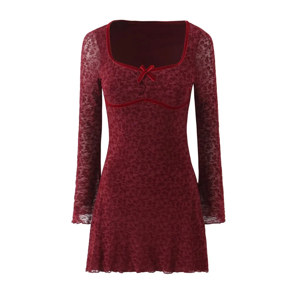Ingvn  Sexy Wine red Flocking Flower Mesh Flare Sleeve Dress Woman Bow Square neck Package Hips A-line Mini Party Robe Bodycon