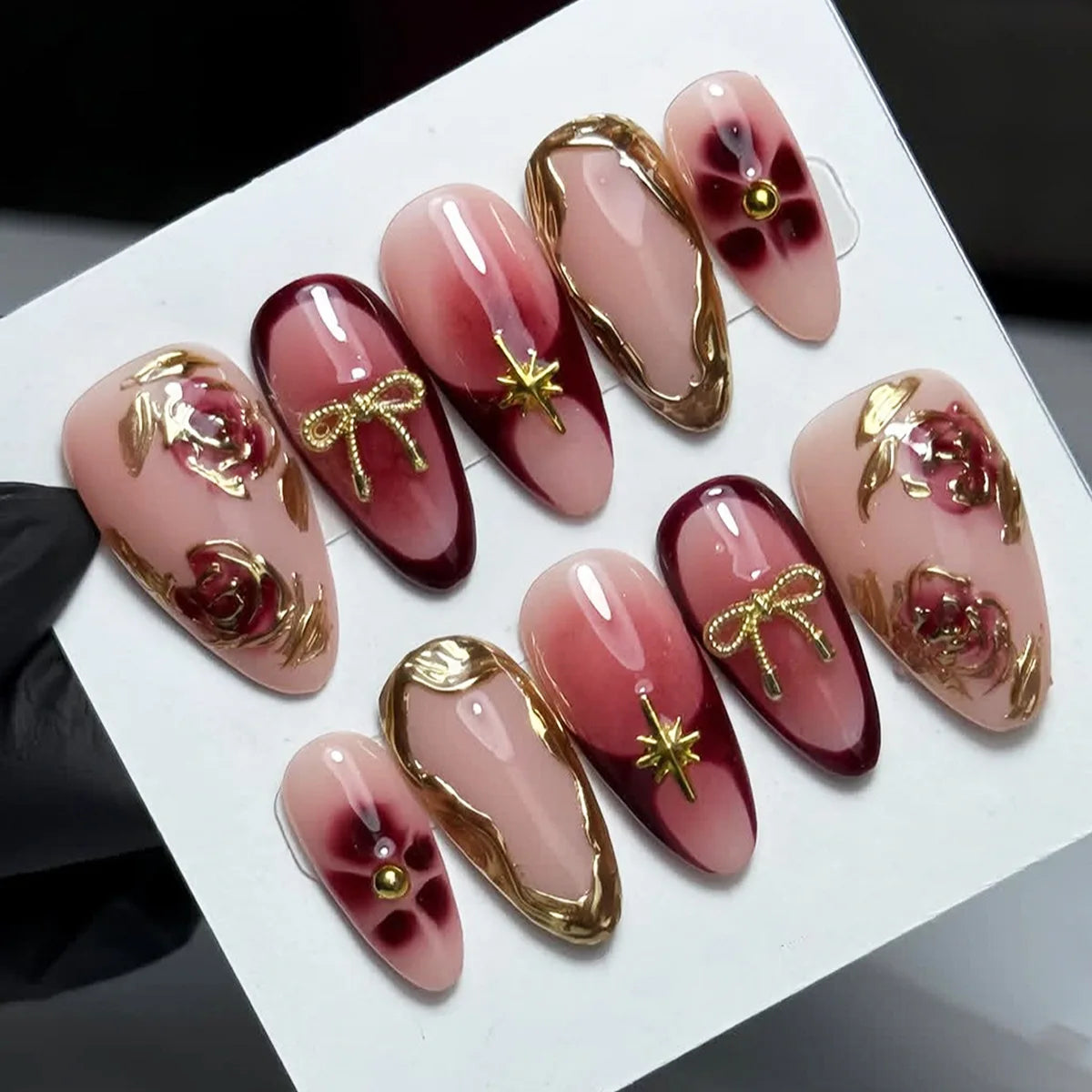 Ingvn  24Pcs Gothic Dark Red Press on False Nails Y2k Reusable Almond Nails Set with Silver Ripples Pattern Cool Fake Finger Nail Tip