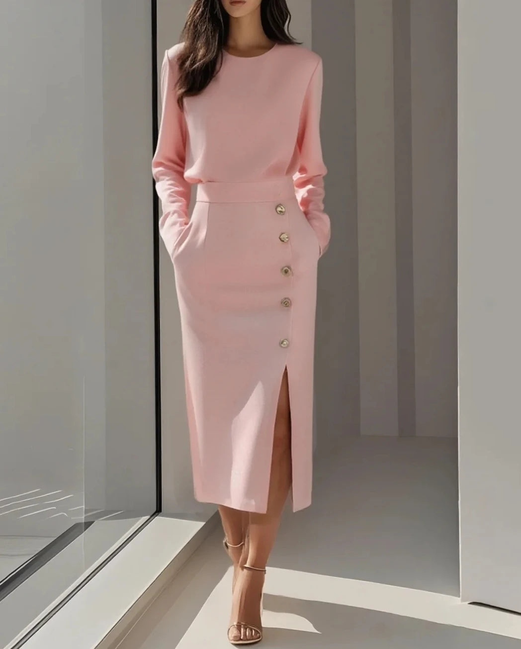 Ingvn  Solid Color Long Sleeves Pocket Button Decorated Slit Midi Dress