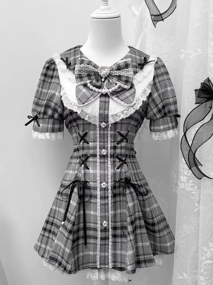 Ingvn  Sweet Bow Slim Shorts Set Women Subcultural Y2k E-girls Mini Dress Tops Lolita Japanese Style Fashion Plaid Dress Suit Chic