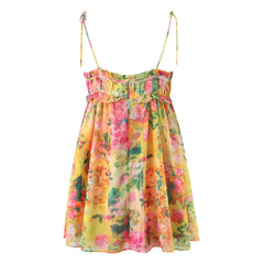 Ingvn  Women Bow Lacing up Sling Robe Holiday BOHO Ruched Chest Orange Flower Print Spaghetti Strap Mini Dress