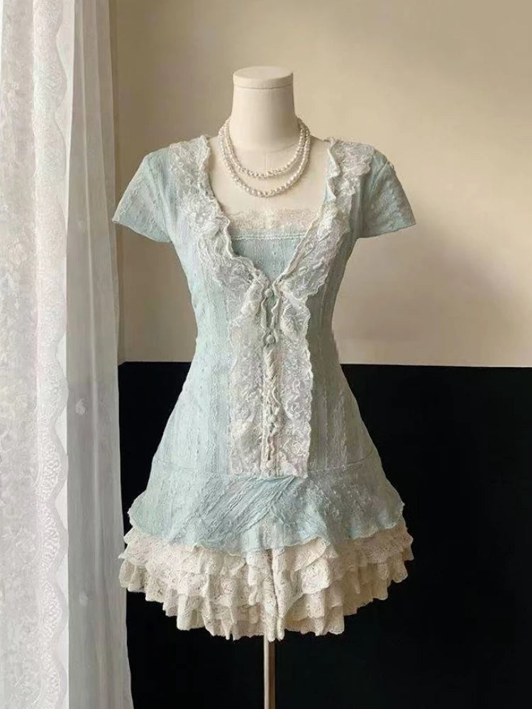 Ingvn  Retro Japanese Lolita Outfits Women Sweet Kawaii Tops Ruffle Mini Dress Suits Y2k Preppy Casual 2 Piece Sets