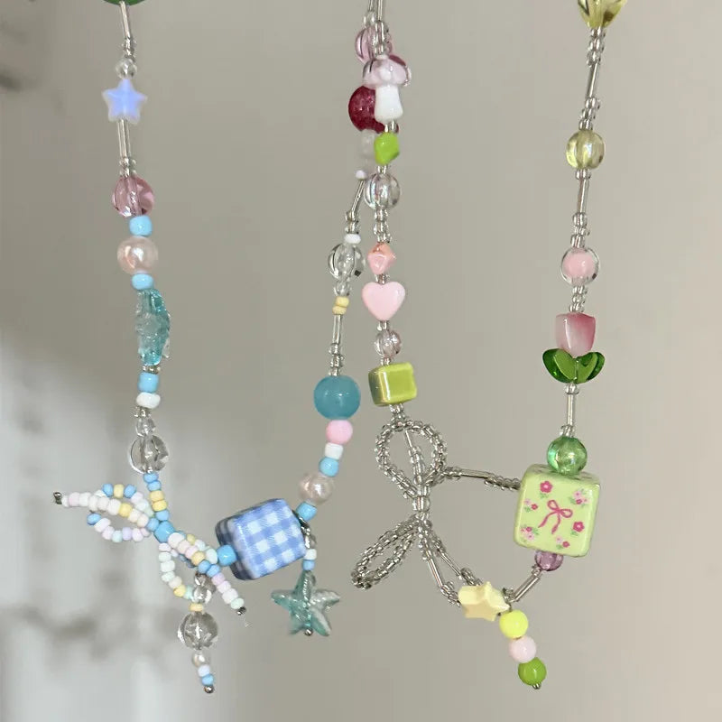 Ingvn  Summer Colored Beaded Bow Flower chkoer Necklace for Girls' Aesthetic Party Jewelry y2k