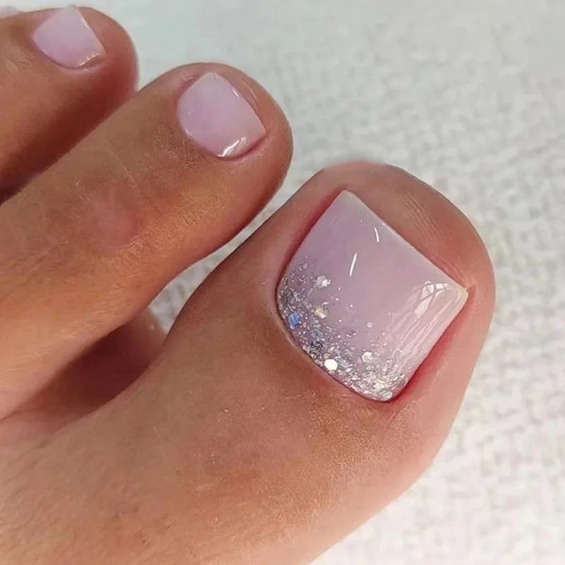 24Pcs Simple French False Toe Nails with Rhinestone Wearable Glitter Toe Fake Nails Shiny Powder Press on Nails Full Nail Tips