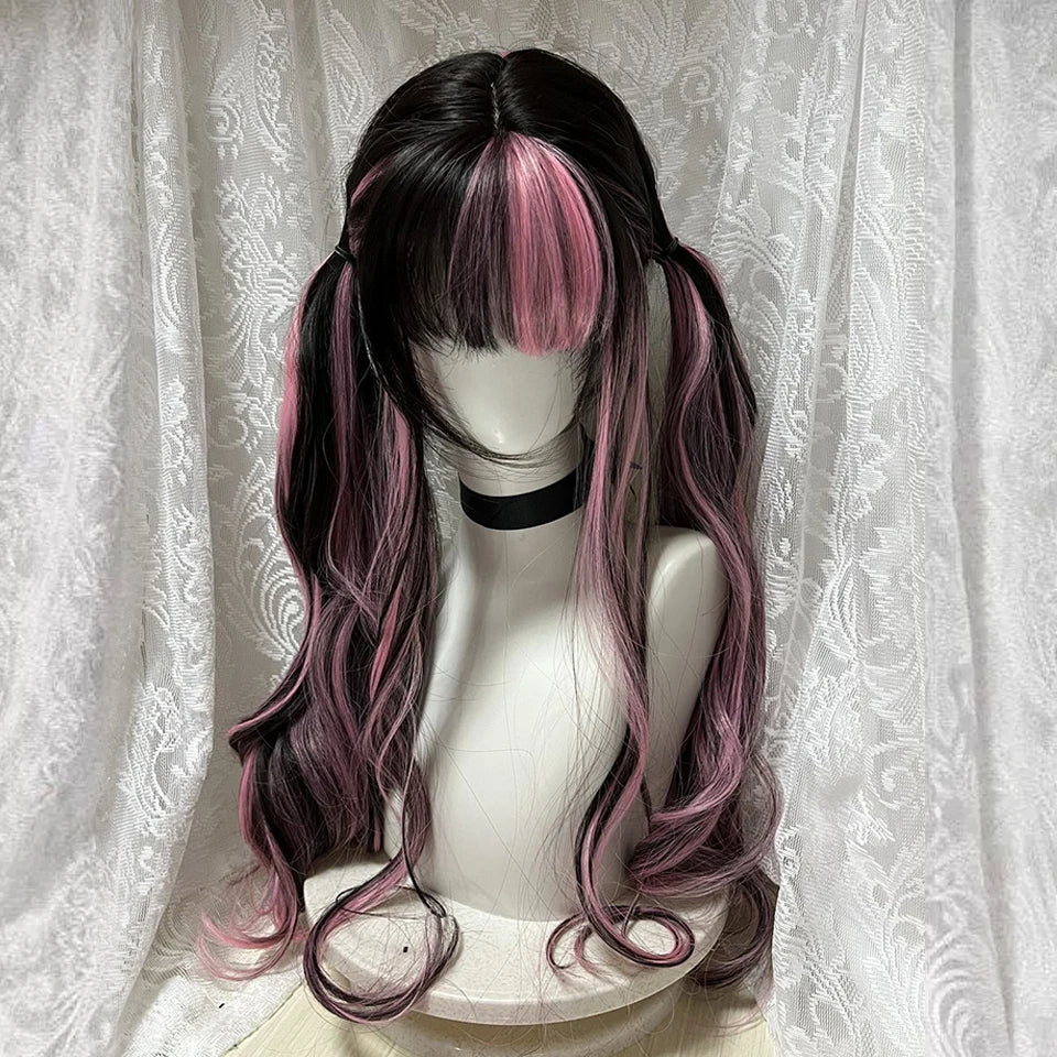 Ingvn  Long Black Highlight Pink Wig Synthetic Wavy Curly Lolita Wig Natural Cosplay Party Wig Daily Wear Halloween Costume Wig