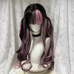 Ingvn  Long Black Highlight Pink Wig Synthetic Wavy Curly Lolita Wig Natural Cosplay Party Wig Daily Wear Halloween Costume Wig