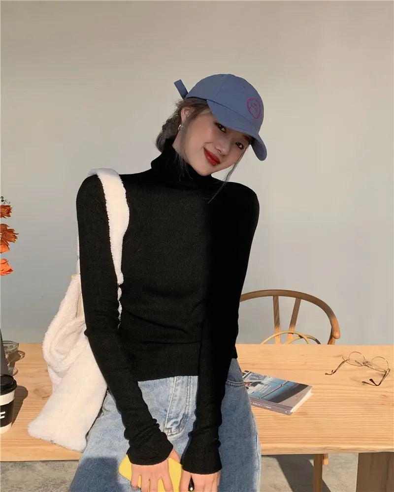 Ingvn - Women's Autumn Winter High Neck Knit Sweater Top Slim Fit Thick Warm Elegant Chic Coquette Trendy Layering Loose