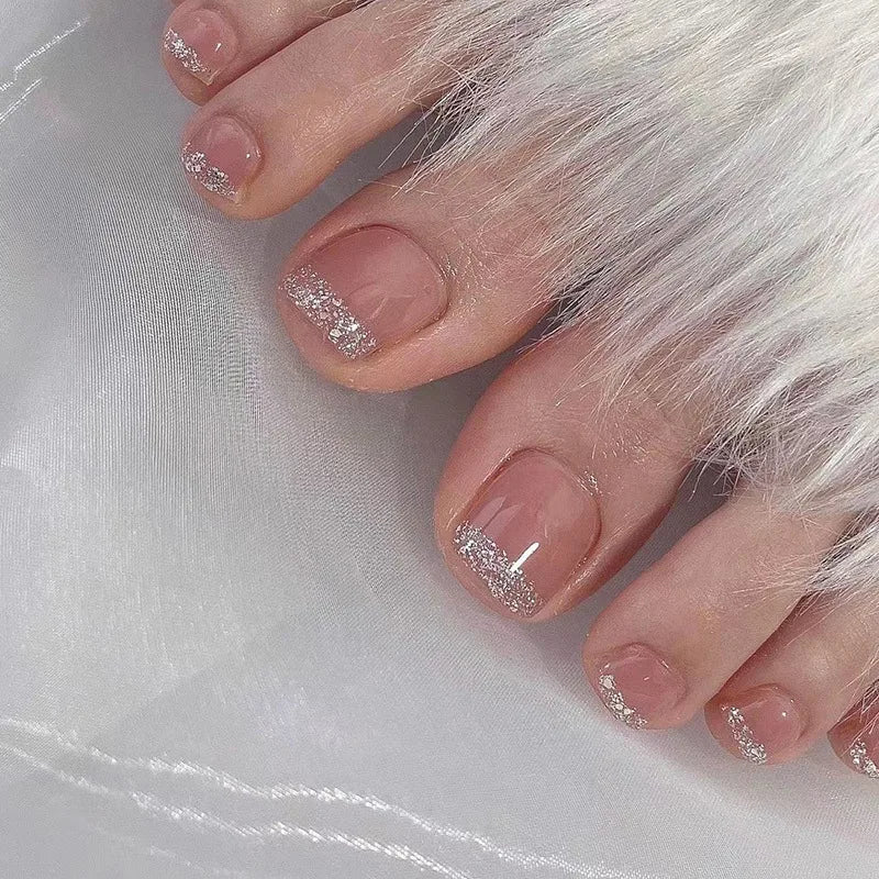24Pcs Simple French False Toe Nails with Rhinestone Wearable Glitter Toe Fake Nails Shiny Powder Press on Nails Full Nail Tips