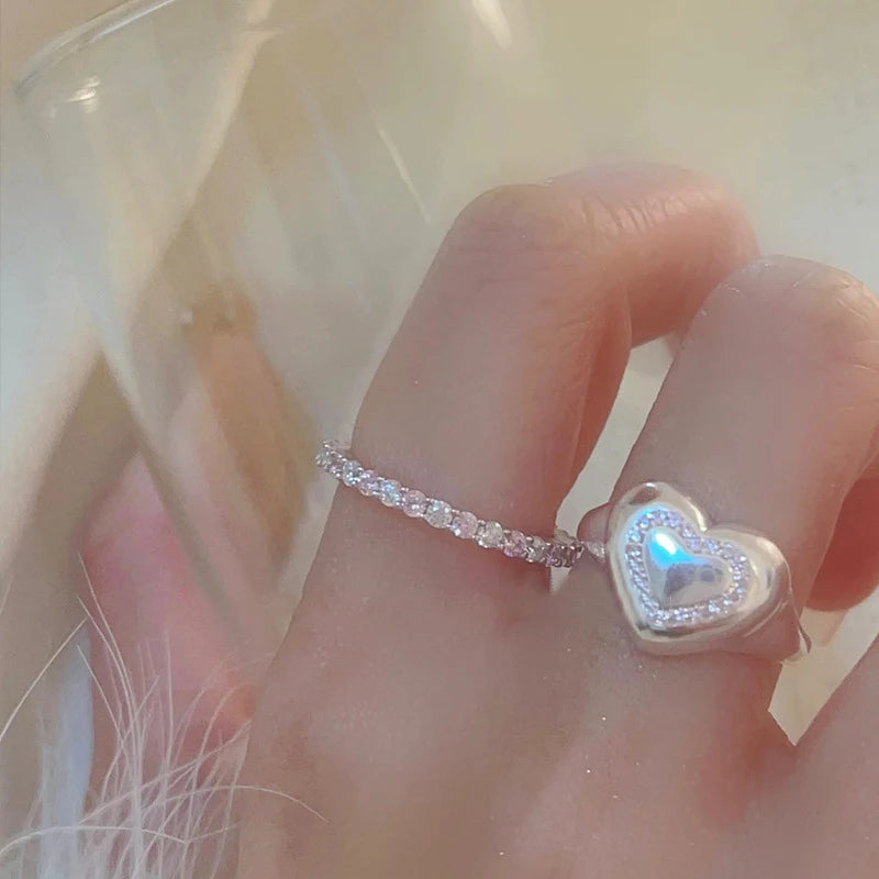 Ingvn  Pink Crystal Irregular Heart Rings Creative Zircon Bowknot Opal Love Heart Open Ring Y2K Shiny Rings for Women Party Jewelry