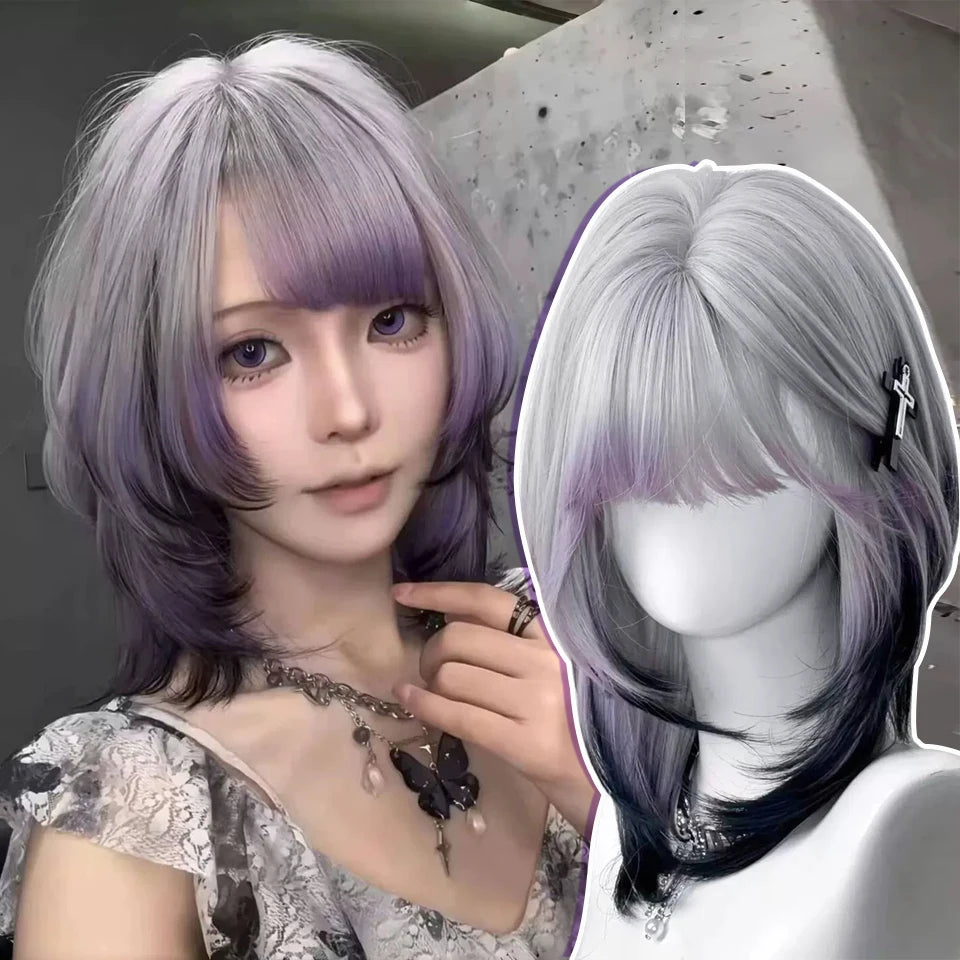Ingvn  Short Wavy Ombre Pink Hair Wig for Women Synthetic Wig with Bangs Natural Layered Lolita Cosplay Party Cute Wigs