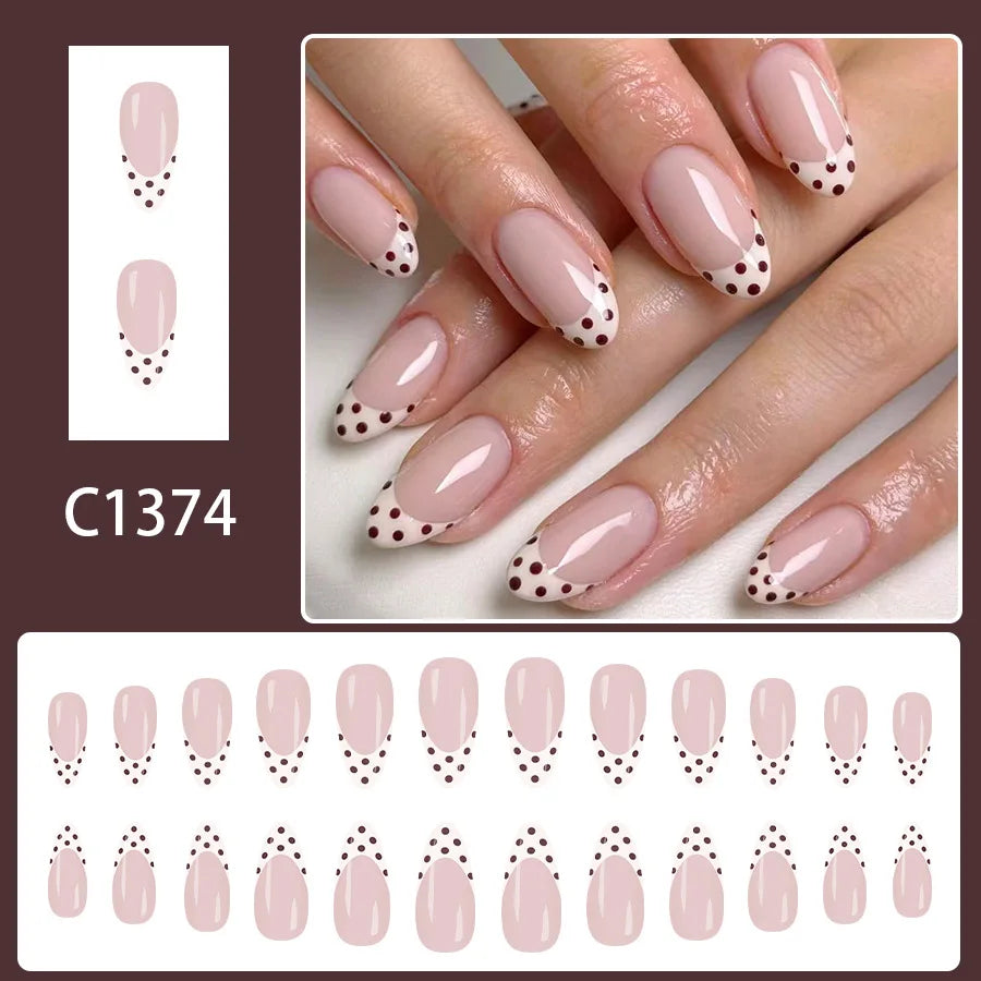 Ingvn  24pcs Medium Short Press on Nails White French Coffee Brown Dots False Nails Woman Almond Nail Tips Finger Nails with Tools