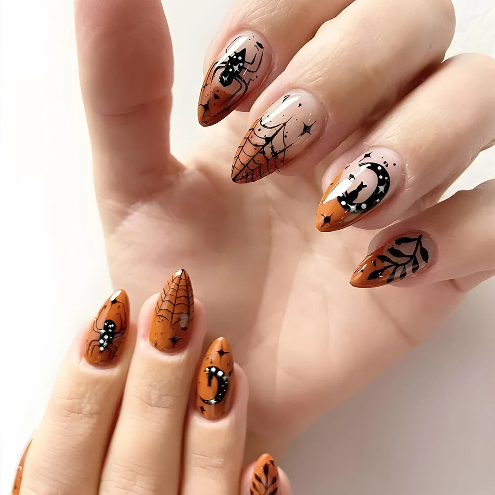 Ingvn  24Pcs Halloween False Nails with Almond Head Design Mid-length French Fake Nails Bat Wearable Oval Press on Nails Manicure Tools