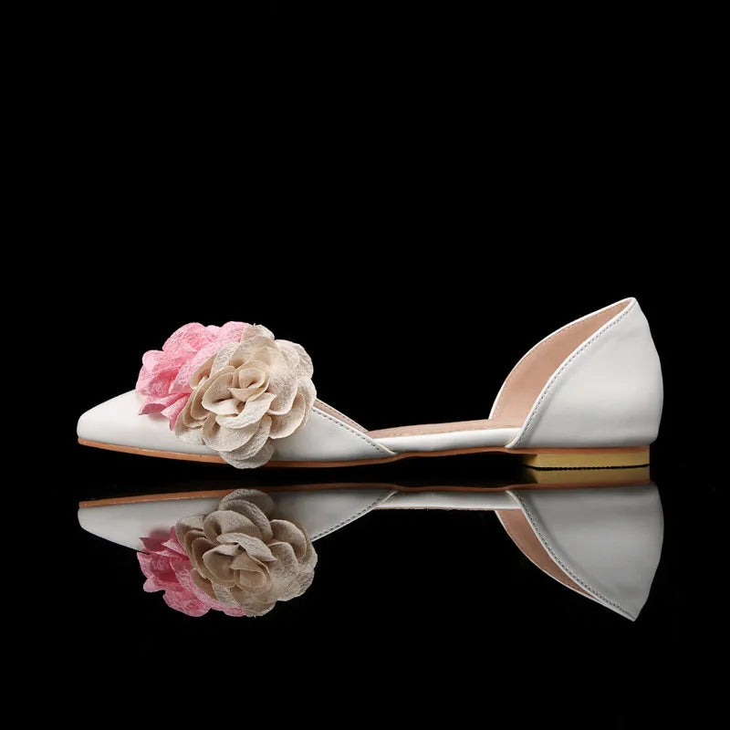 Ingvn  Sweet Flowers Mixed-colors Women Flats Pumps Spring Summer Fashion Satin White Low Heeled Elegant Pointed Toe Ladies Dress Shoes