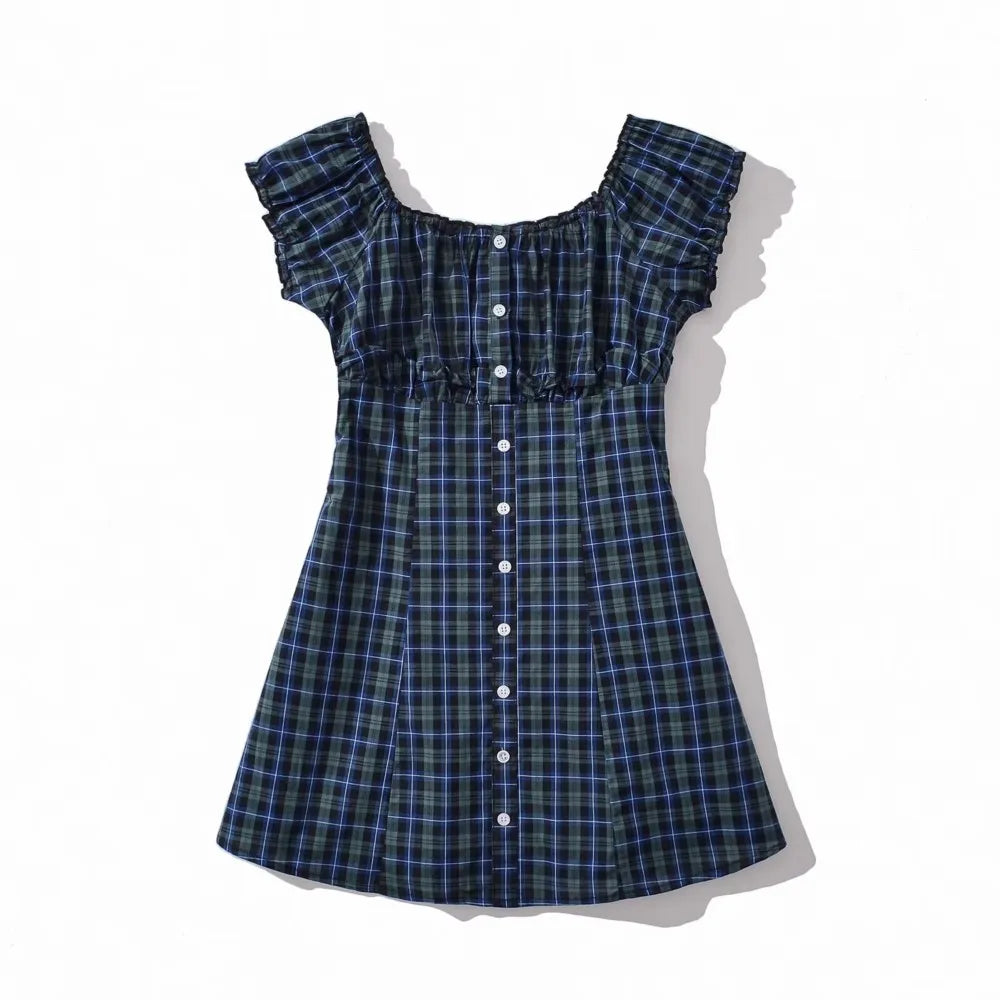 Ingvn  Contrast Color Plaid Open Buttons Slash Shoulder Mini Dress Women Short Sleeve Slim Waist Dresses Holiday Robe Femme