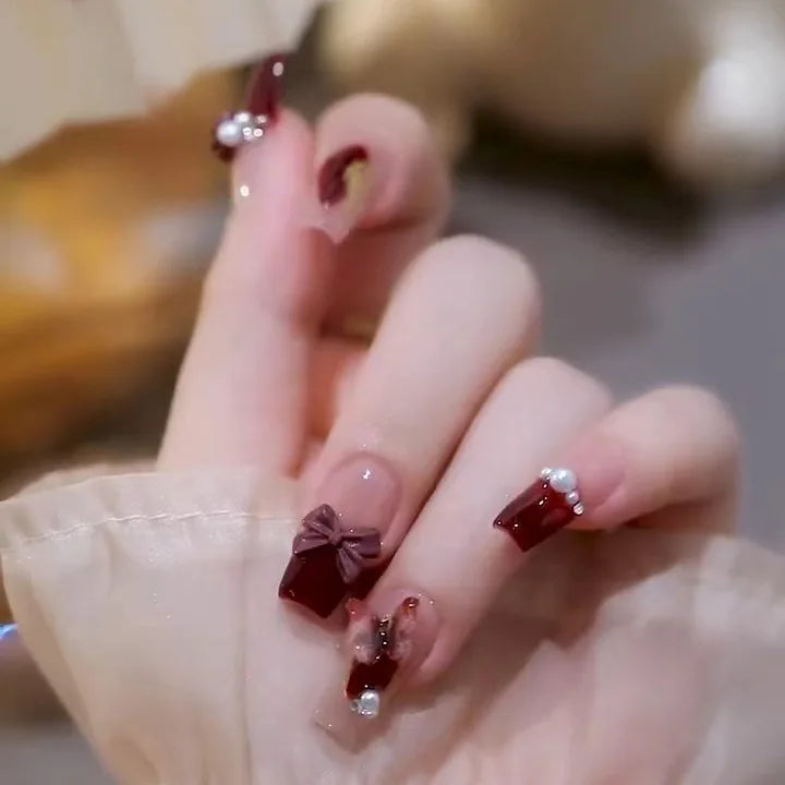 Ingvn  24Pcs Wearable Coffin Fake Nail Tips with Butterfly Camellia Designs Red Long Ballerina False Nails Press on Nails Art Manicure