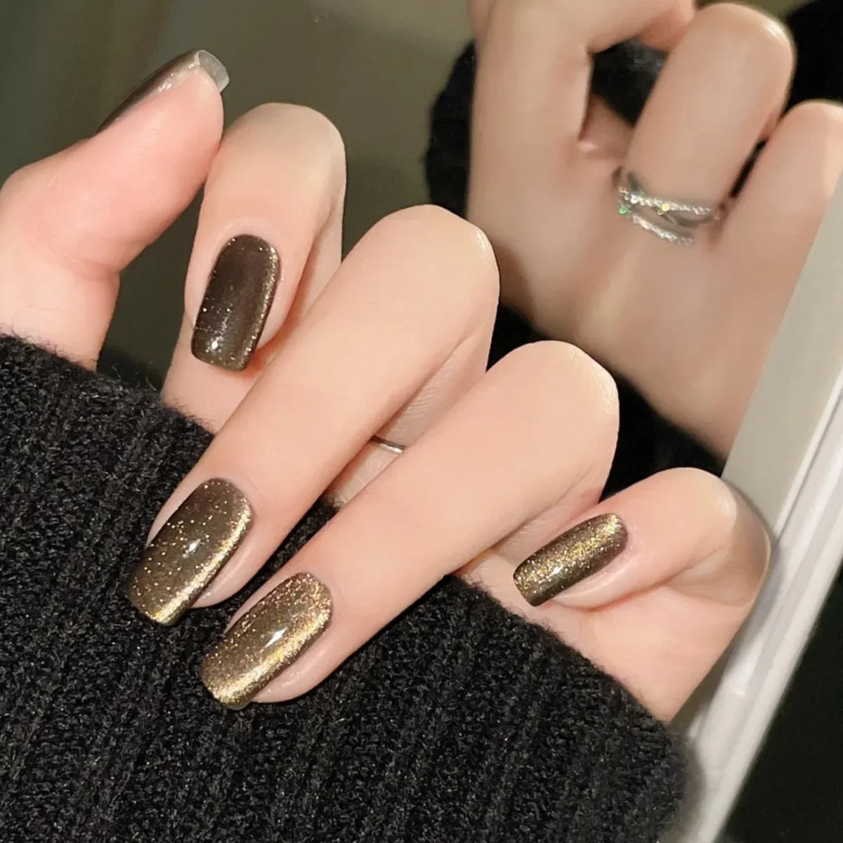 Ingvn  24Pcs Black Blue Purple Red Cat Eyes False Nails with Tools Press on Nails for Girls Square Nail Tips Fake Nails Set with Glue