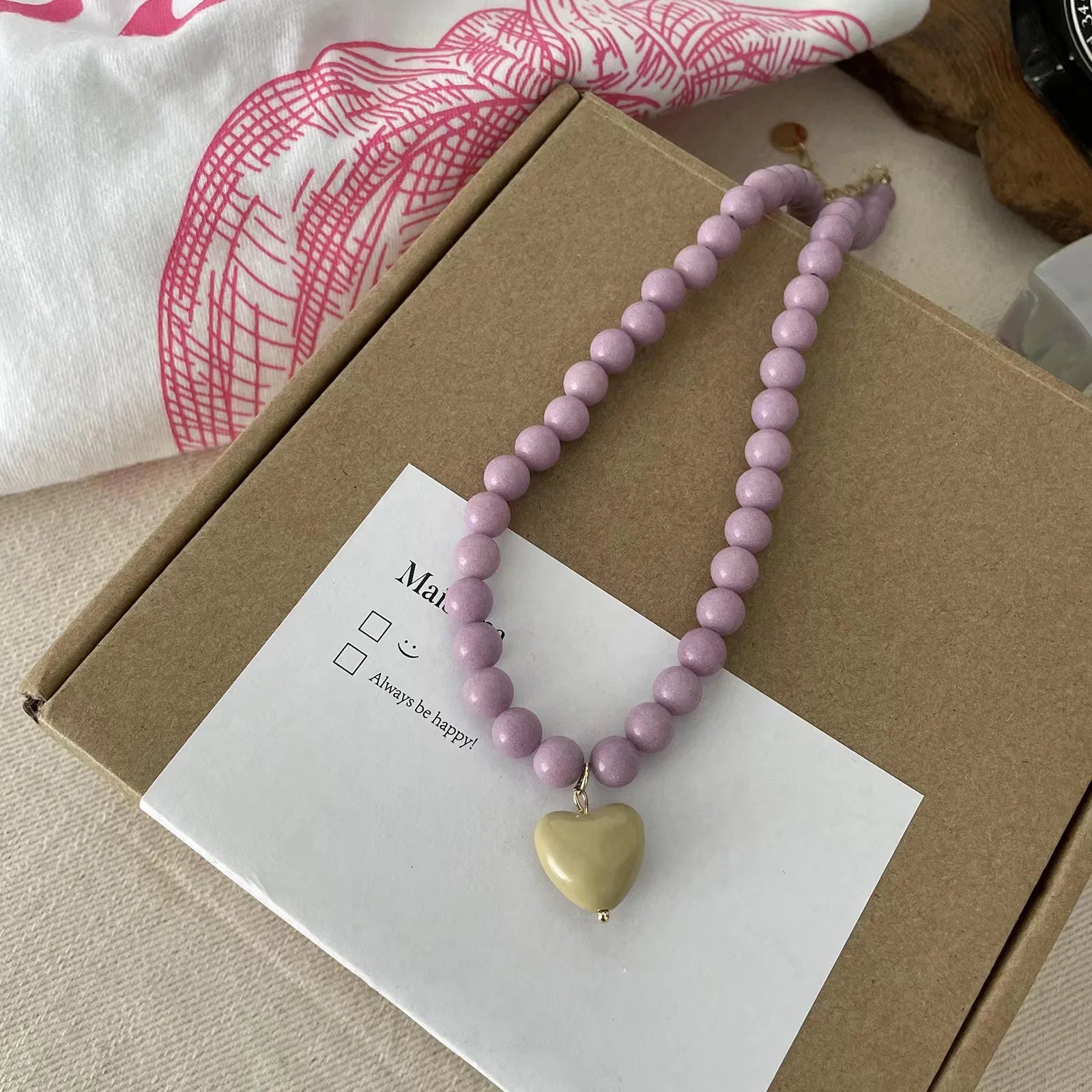 Ingvn  New Color Beaded Chain Resin Heart Pendant Necklace For Women Girls Trendy Clavicle Chain Delicate Jewelry Gift