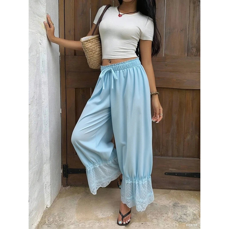 Ingvn  Women Mesh See-through Floral Lace Patchwork Ruffle Hem Bloomer Pants Loose Drawstring Elastic Waist Cropped Trousers