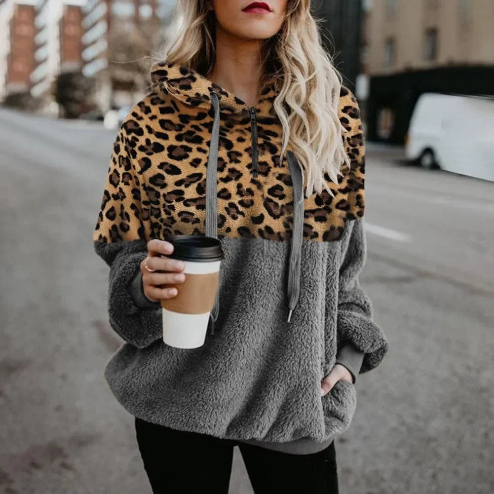 Ingvn  New Women Fashion Autumn and Winter Long-sleeved Sweatshirt Ladies Leopard Print Patchwork Zipper Casual Loose Pullovers Top