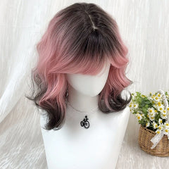Ingvn  Short Wavy Ombre Pink Hair Wig for Women Synthetic Wig with Bangs Natural Layered Lolita Cosplay Party Cute Wigs