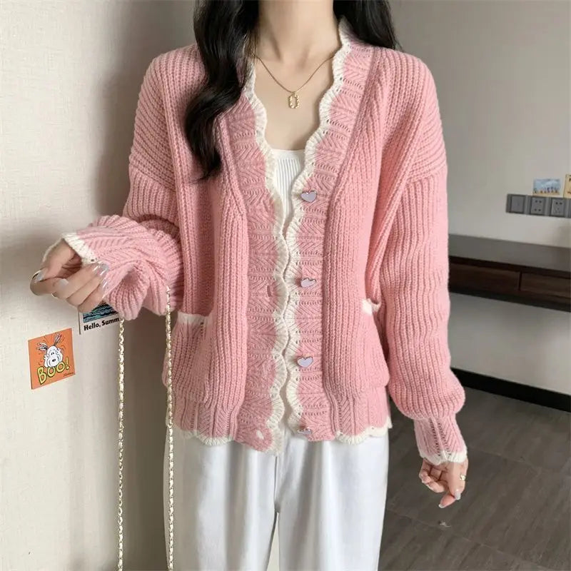 Ingvn - Autumn and Winter Fashion New Korean Heart-shaped Button Knit Cardigan Design Sense Color Blocked V-neck Loose Sweater