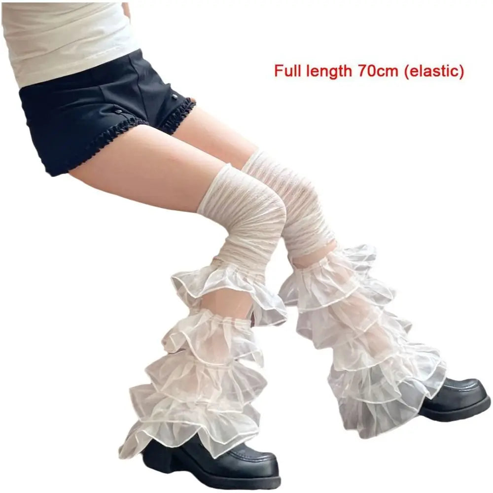 Ingvn  Lace Ruffles Lace Leg Warmers Mesh Design Comfortable Fit Over The Knee Socks Multi-layer Soft Stretchy Stacked Socks Women Girl