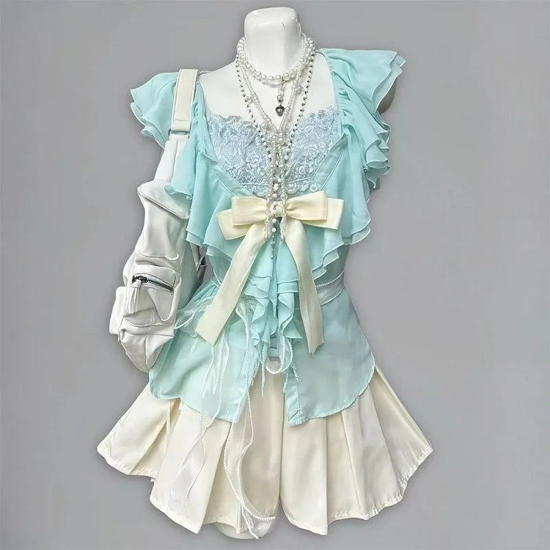 Ingvn  Y2K Kawaii Lolita Skirt Sets Women Sweet Ruffle Tops High Waist Slim Skirt 2 Piece Japanese Vintage Casual Outfits