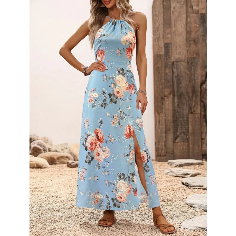 Ingvn  Women Floral Print Halter Maxi Dress Sleeveless High Split Summer Beach Sundress