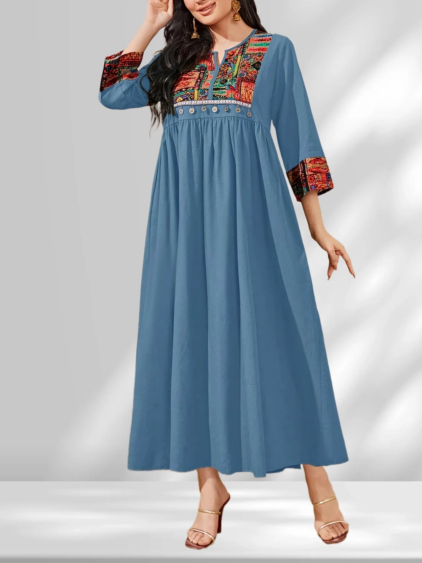 Ingvn  Fashion Women's V-neck Printed Long Maxi Dress Ladies V-neck Comfortable Long Sleeved Ankle Length Dress
