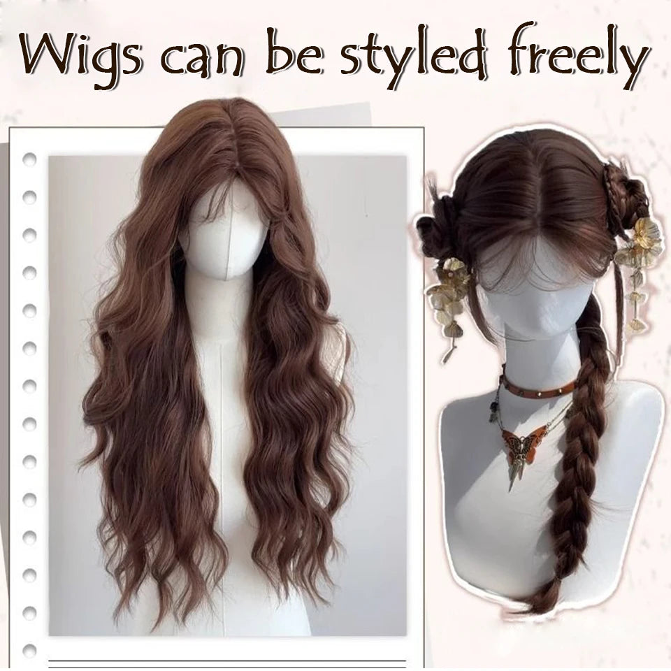 Ingvn  Long Wavy Brown Middle Part Wig Synthetic Lolita Wig Natural Cosplay Party Wig Daily Wear Halloween Costume Y2K Orange Wig